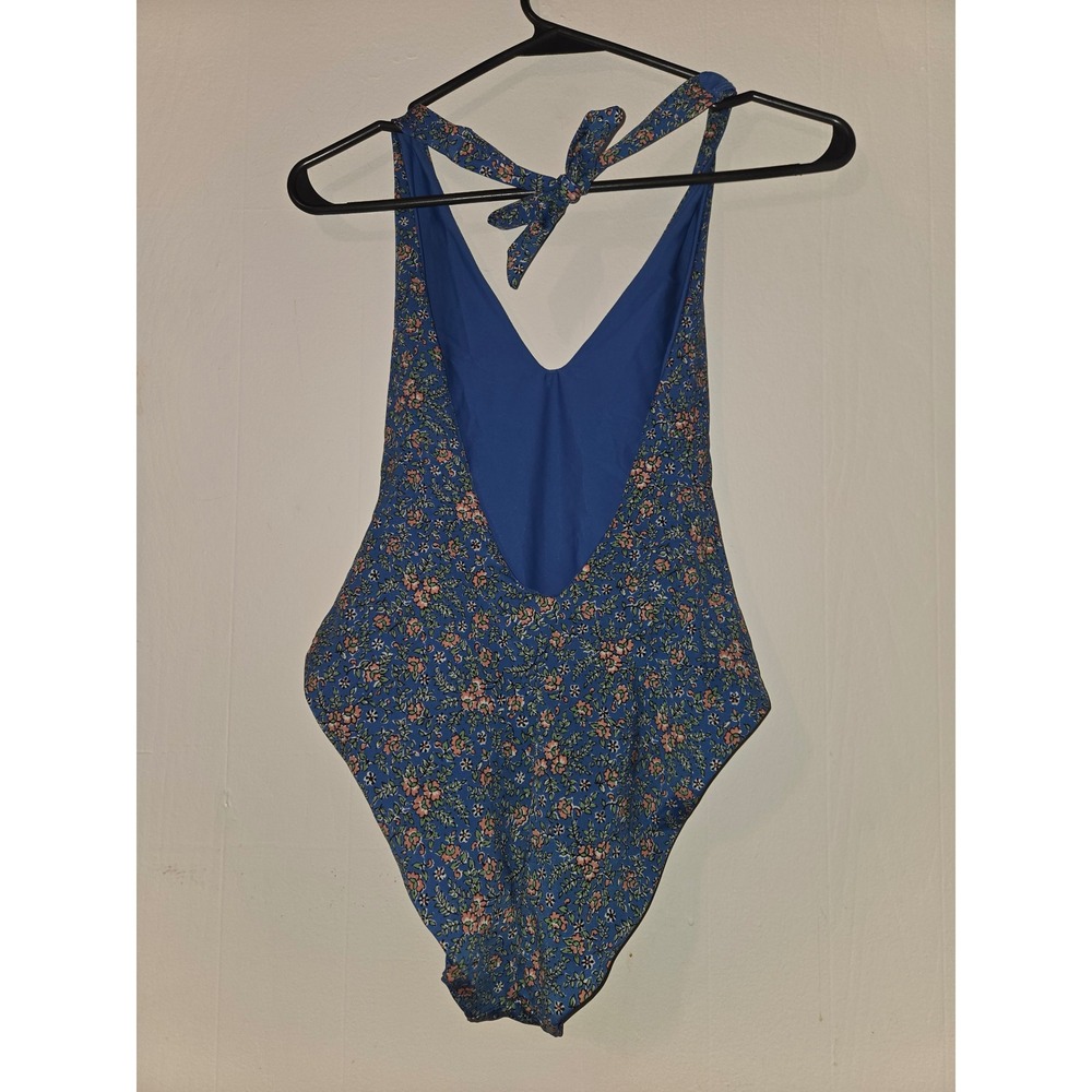 Veronica Beard Blue Floral Halter One Piece Swimsuit V-Neck Low Back Small - Picture 2 of 5